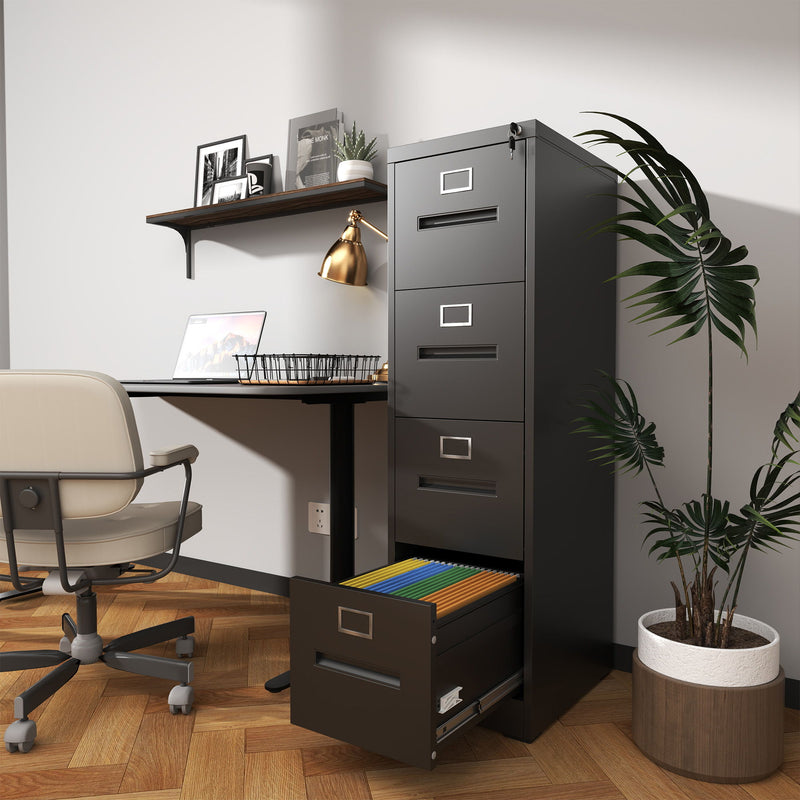 Modern 4 Drawer Metal Vertical Filing Cabinets With Lock For Home Office, Steel Construction, Letter / Legal / A4 / F4 Size - Brushed Nickel