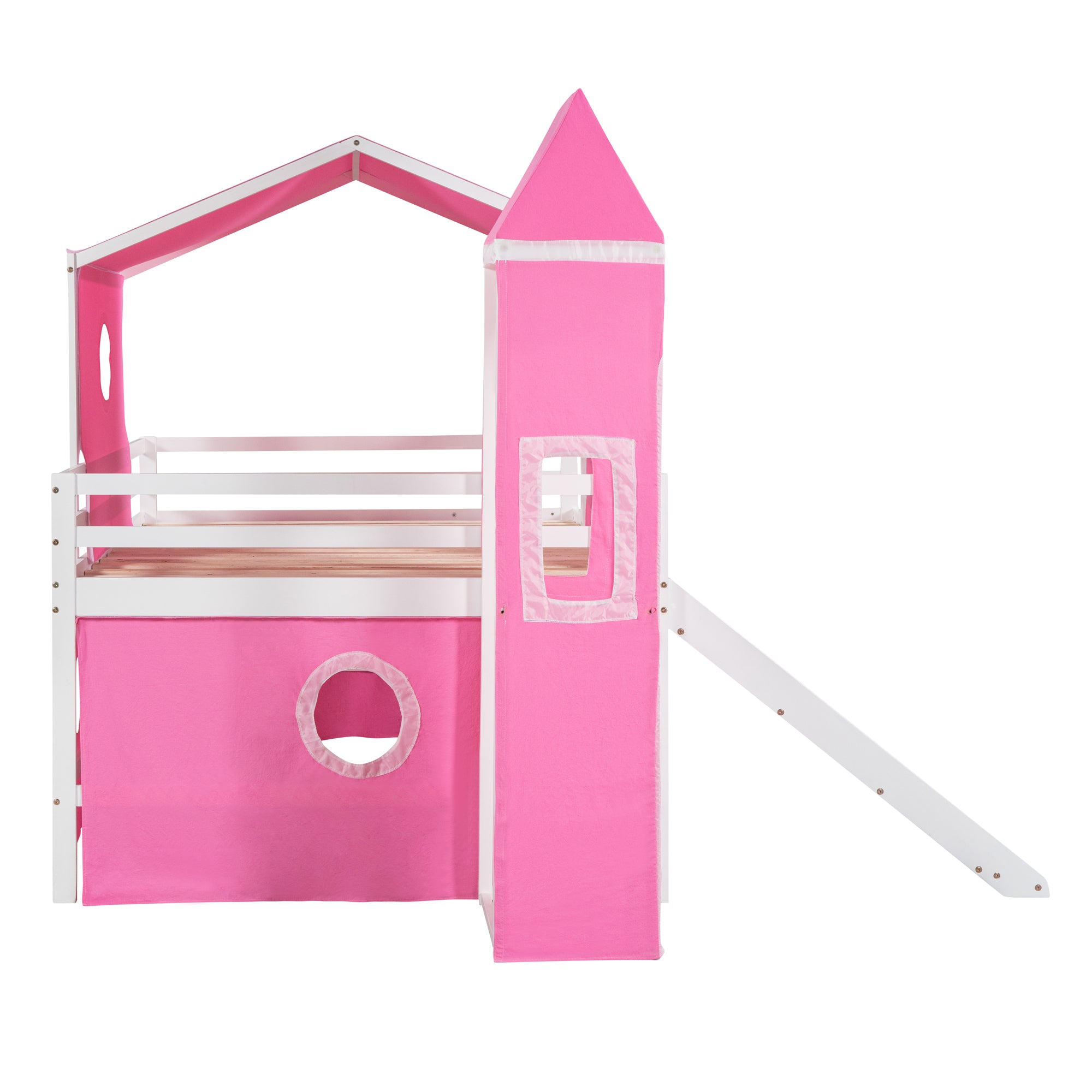 Full Size Bunk Bed with Slide Pink Tent and Tower - Pink