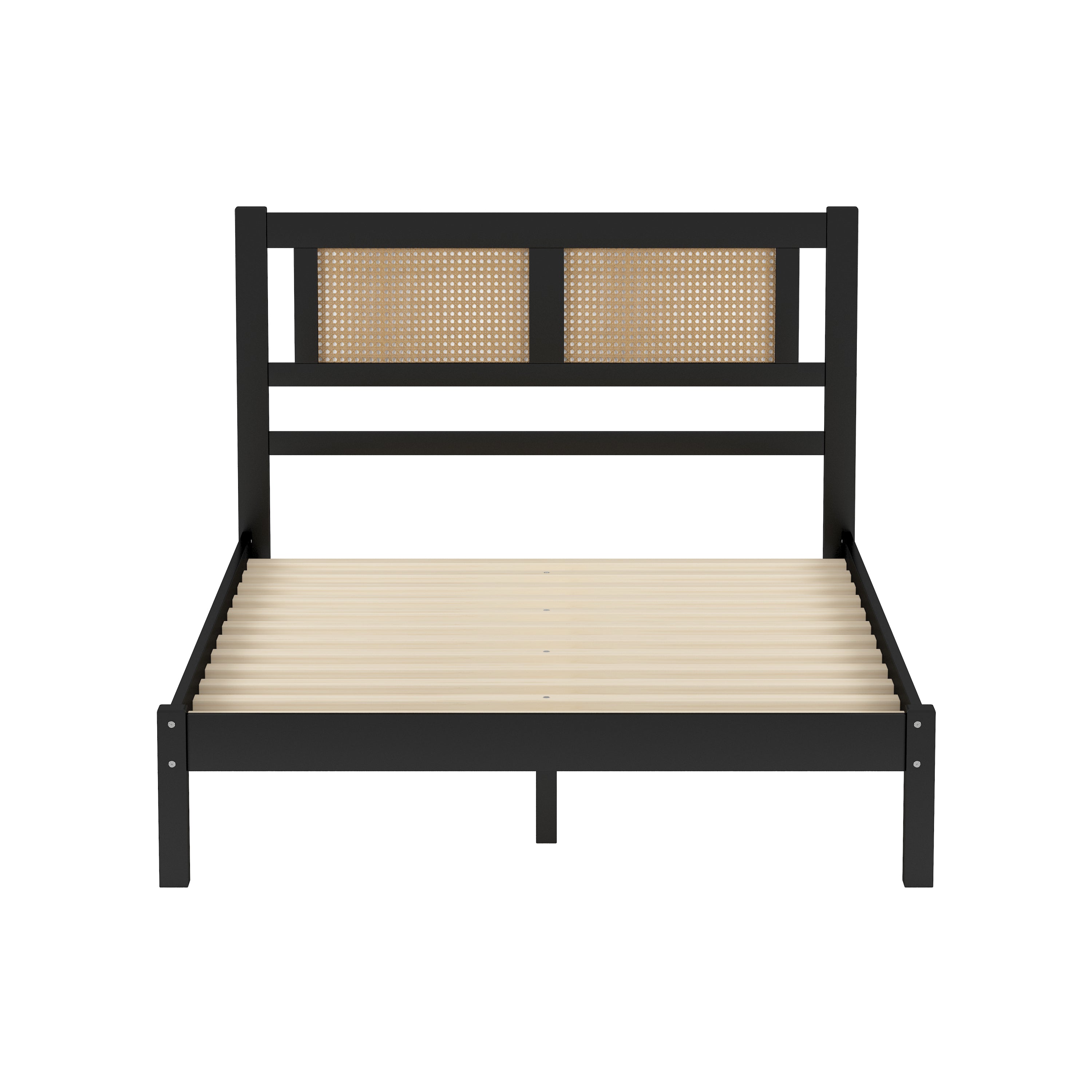 Full Size Wooden Platform Bed with Natural Rattan Headboard, Exquisite Elegance with Minimalist Charm for Bedroom, Black - Atlantic Fine Furniture Melbourne FL
