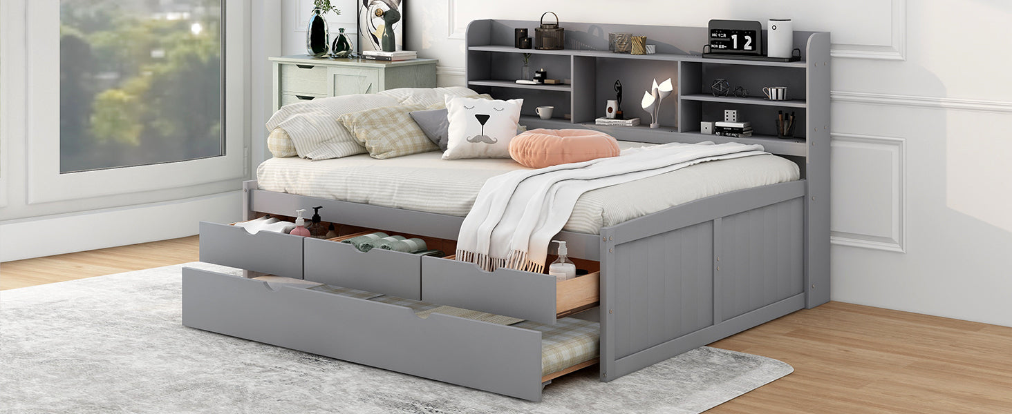 Full Size Wooden Captain Bed with Built-in Bookshelves,Three Storage Drawers and Trundle,Light Grey - Atlantic Fine Furniture Melbourne FL