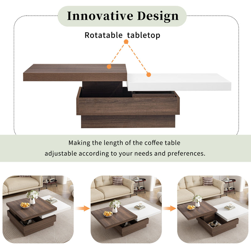 Rotatable Top Coffee Table, Modern Square Coffee Table With Wood Grain Design, 1 Hidden Storage Space For Living Room