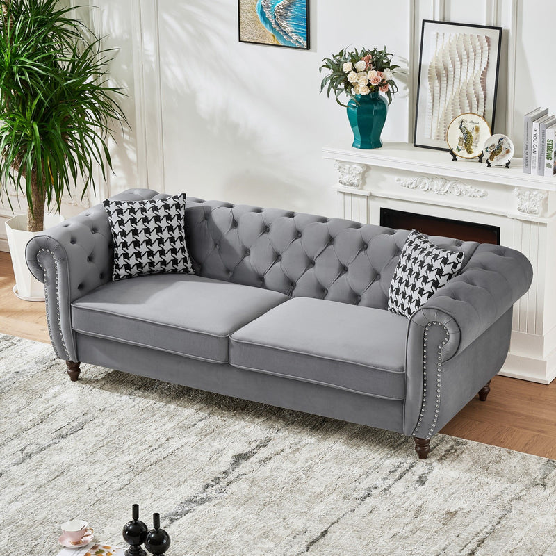 Chesterfield Velvet Upholstery Fabric Sofa With Roll Armrest & Nailhead