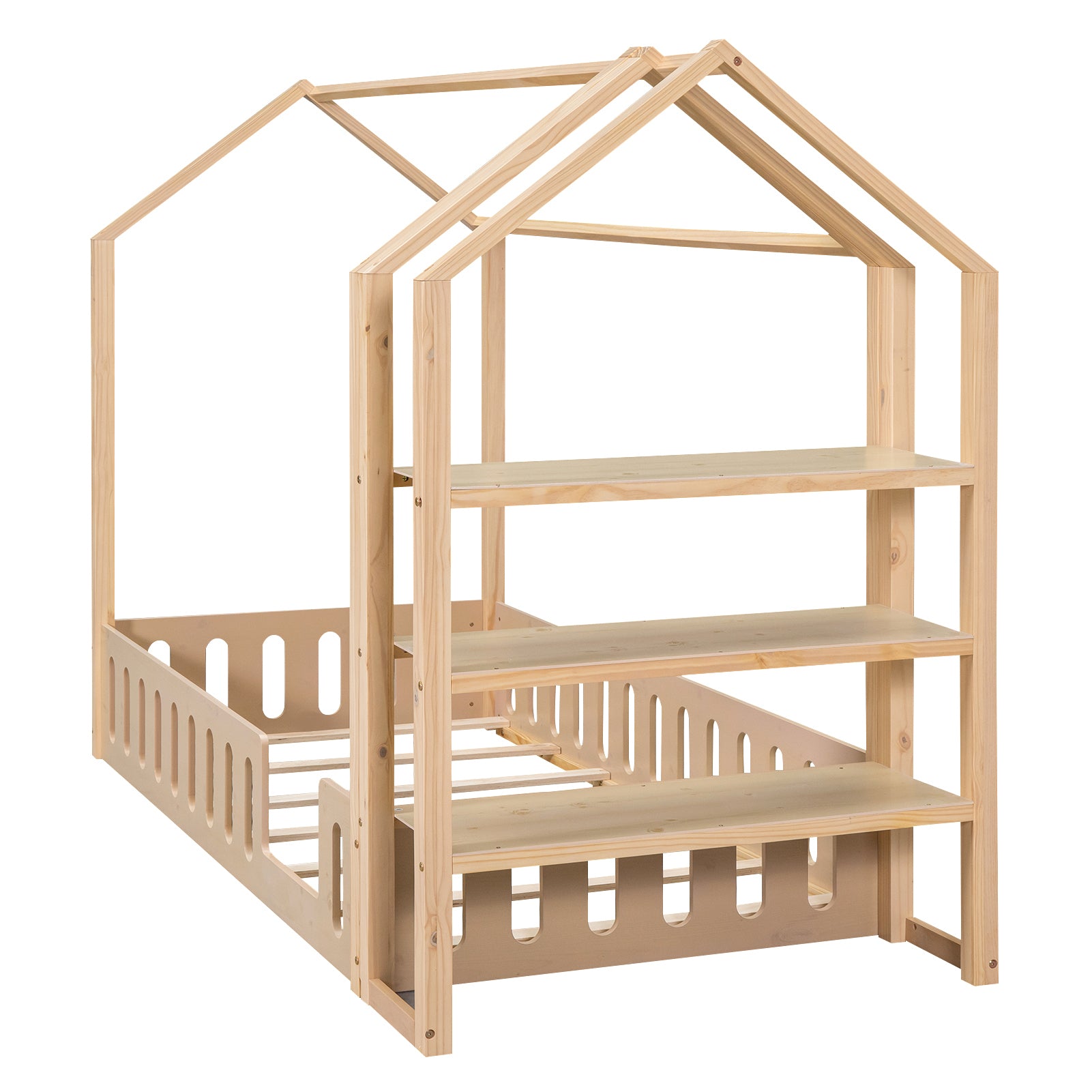 Twin Size Wood House Bed with Fence and Detachable Storage Shelves, Natural - Atlantic Fine Furniture Melbourne FL
