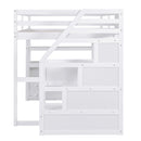 Full Size Loft Bed with Desk and Shelves, Two Built-in Drawers, Storage Staircase, White