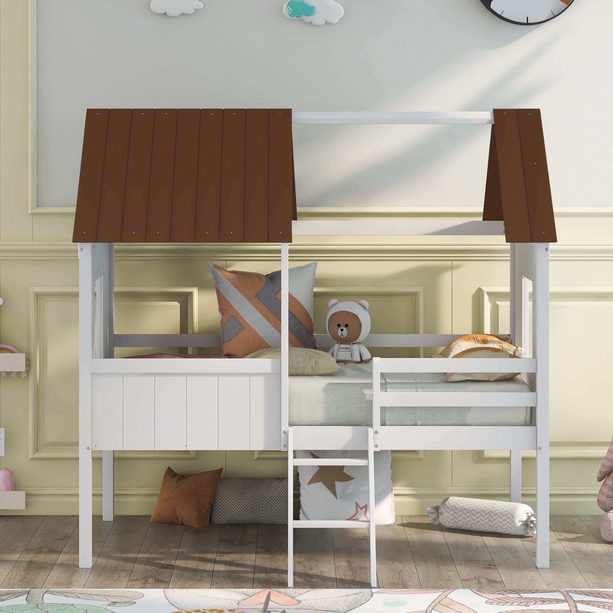 Twin Size Low Loft Wood House Bed with Two Side Windows  (White+Brown)(OLD SKU: LP000037AAD) - Atlantic Fine Furniture Melbourne FL