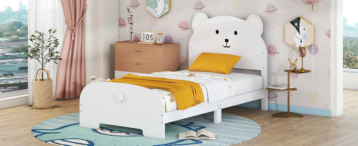 Twin Size Wood Platform Bed with Bear-shaped Headboard and Footboard,White - Atlantic Fine Furniture Melbourne FL