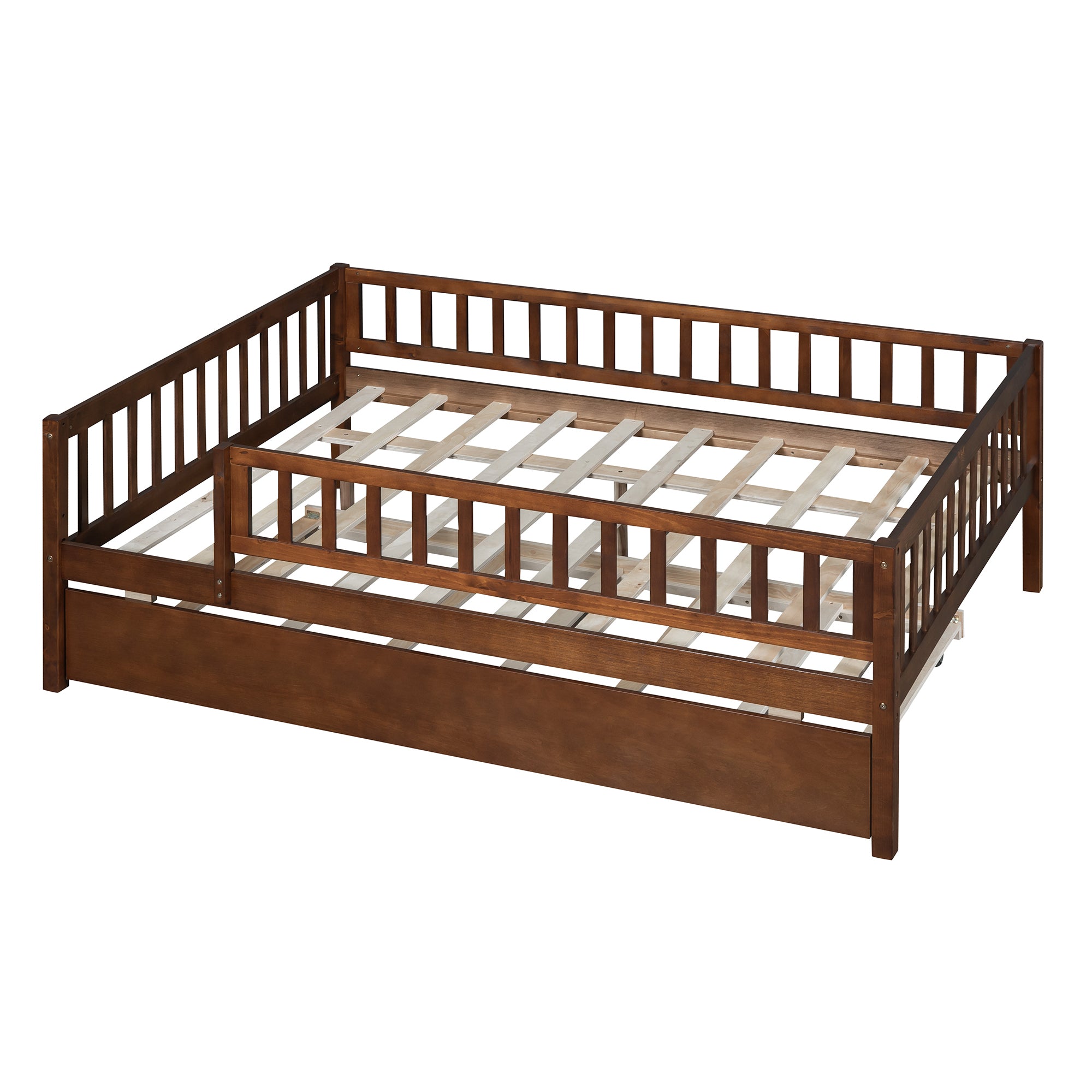 Full Size Wood Daybed with Trundle and Fence Guardrails, Walnut - Atlantic Fine Furniture Melbourne FL