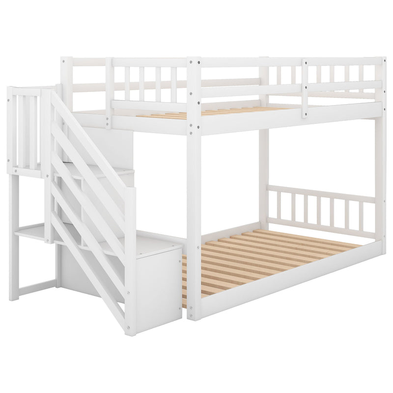 Twin Over Twin Floor Bunk Bed, Ladder With Storage