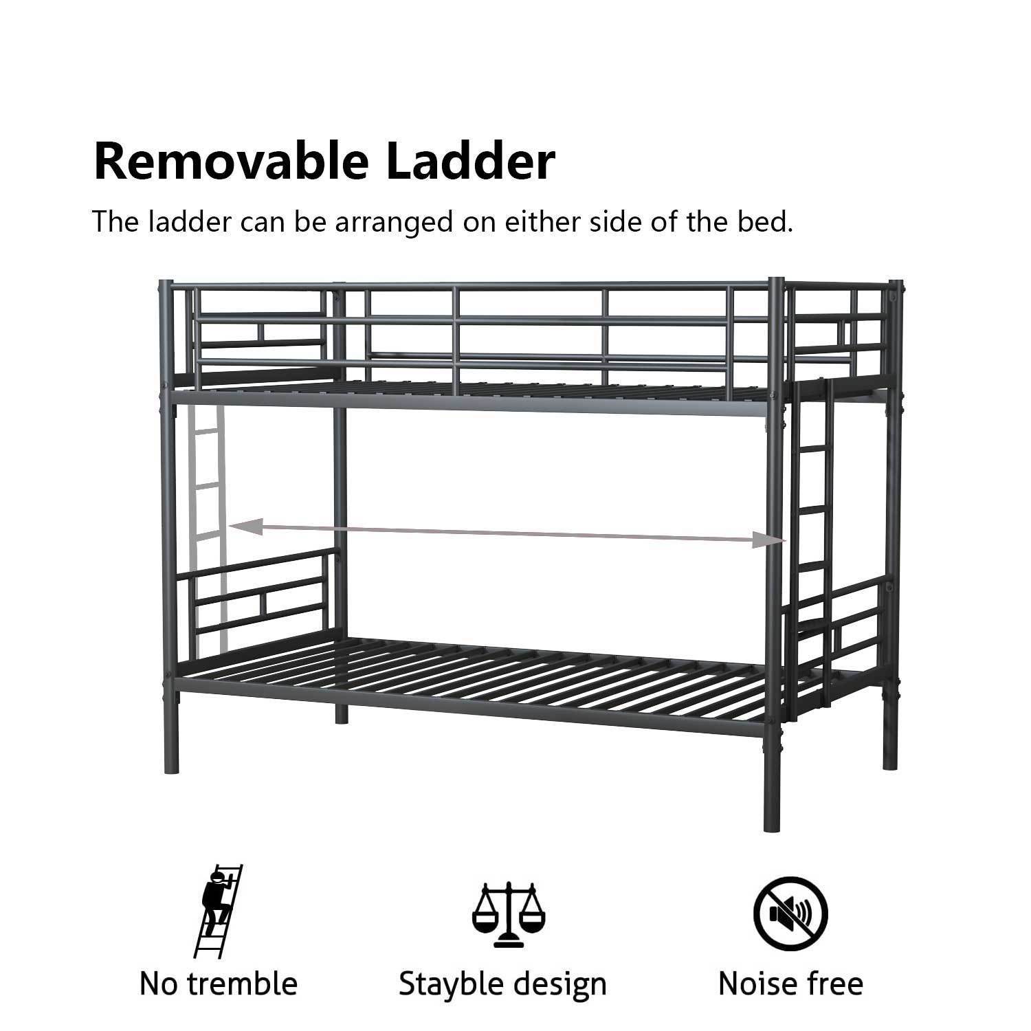 Black Twin over Twin Metal Bunk Bed with Removable Ladder, Comfortable Rungs, Easy to assemble