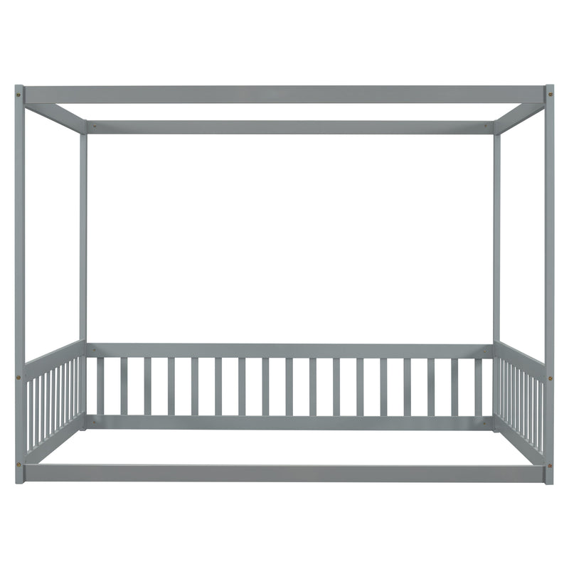 Canopy Frame Floor Bed With Fence, Guardrails