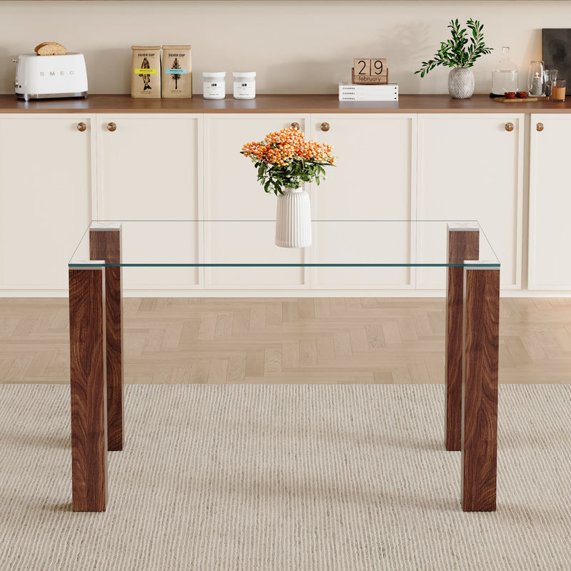 Transparent Tempered Glass Dining Table With Wood Grain Legs - Transparent / Walnut