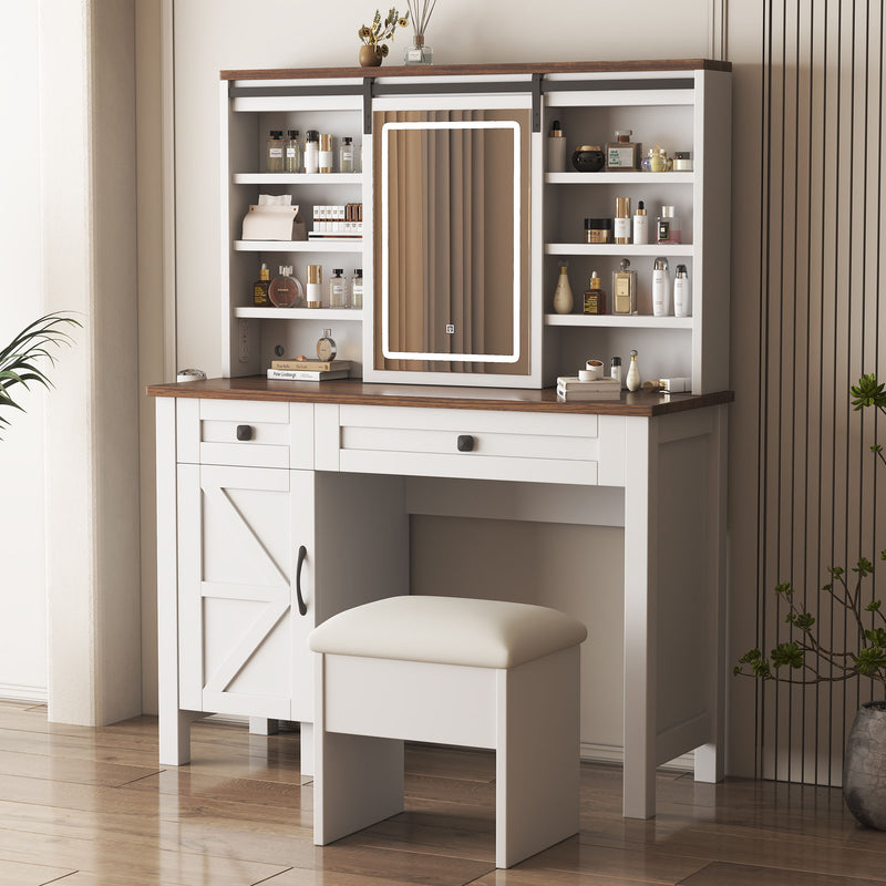 Farmhouse Makeup Vanity Desk With Sliding Mirror, LED Lights, And Storage Glass, Metal, And Wood Construction - White