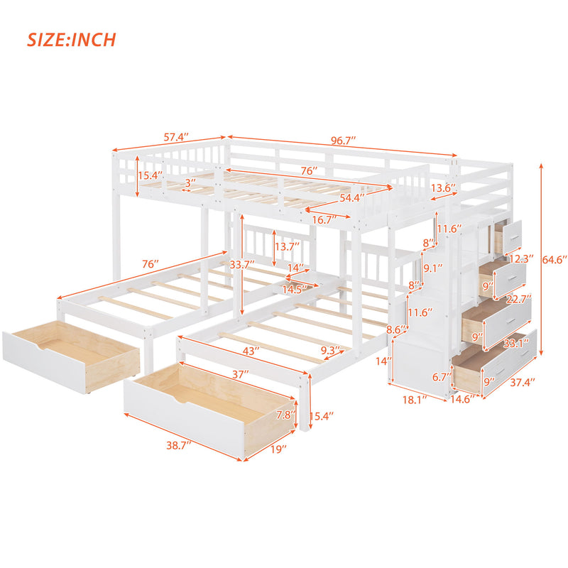 Multifunctional Triple Bunk Bed With Drawers And Guardrails