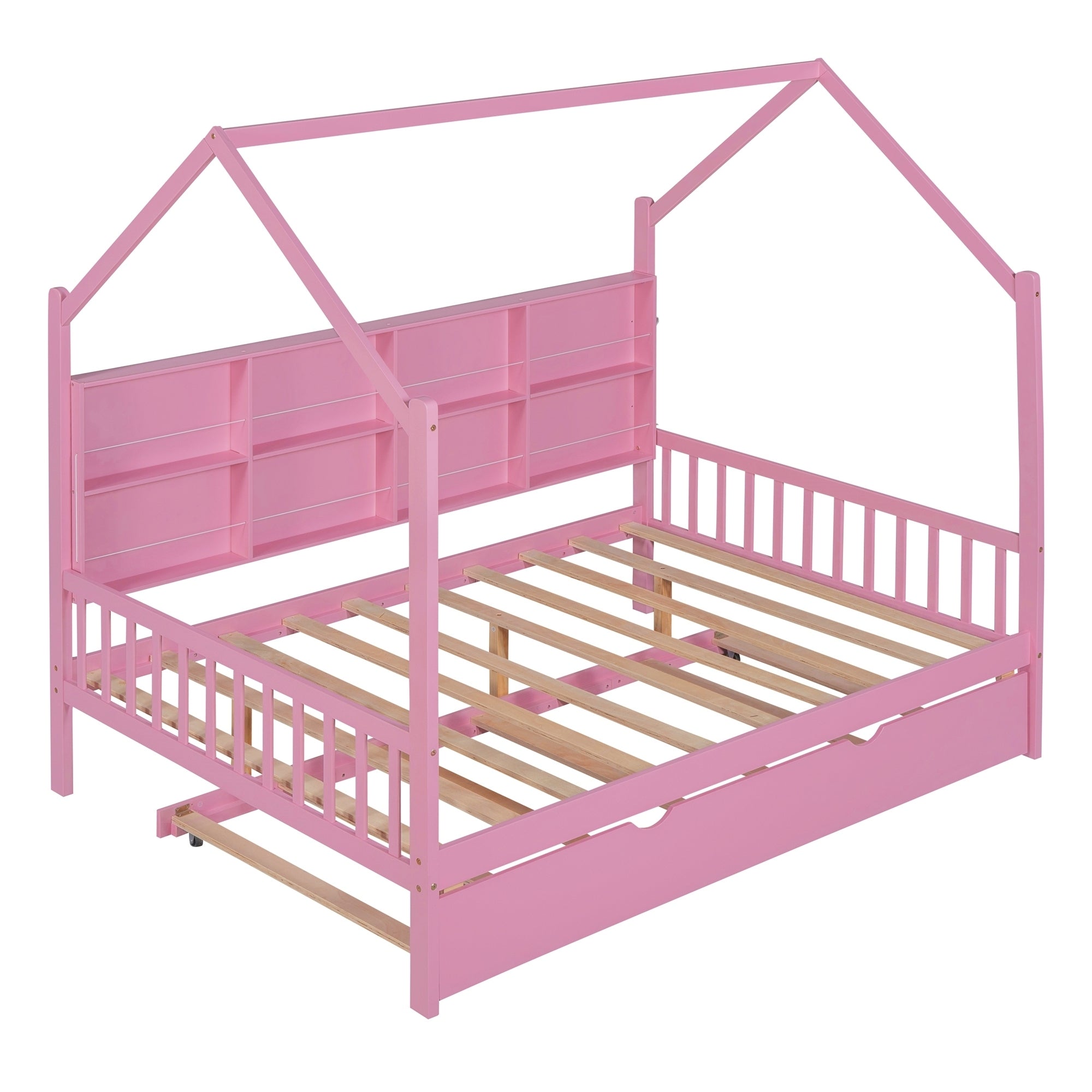 Wooden Full Size House Bed with Trundle,Kids Bed with Shelf,Pink - Atlantic Fine Furniture Melbourne FL