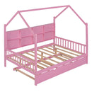 Wooden Full Size House Bed with Trundle,Kids Bed with Shelf,Pink