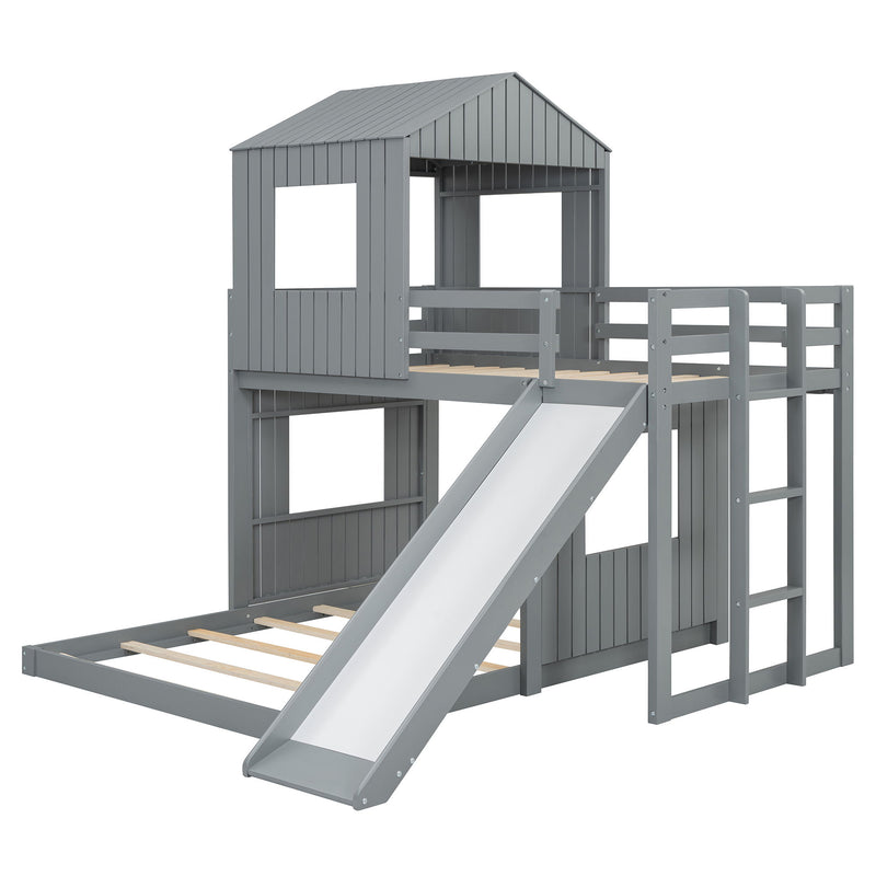 Loft Bunk Bed With Playhouse, Farmhouse, Ladder, Slide And Guardrails