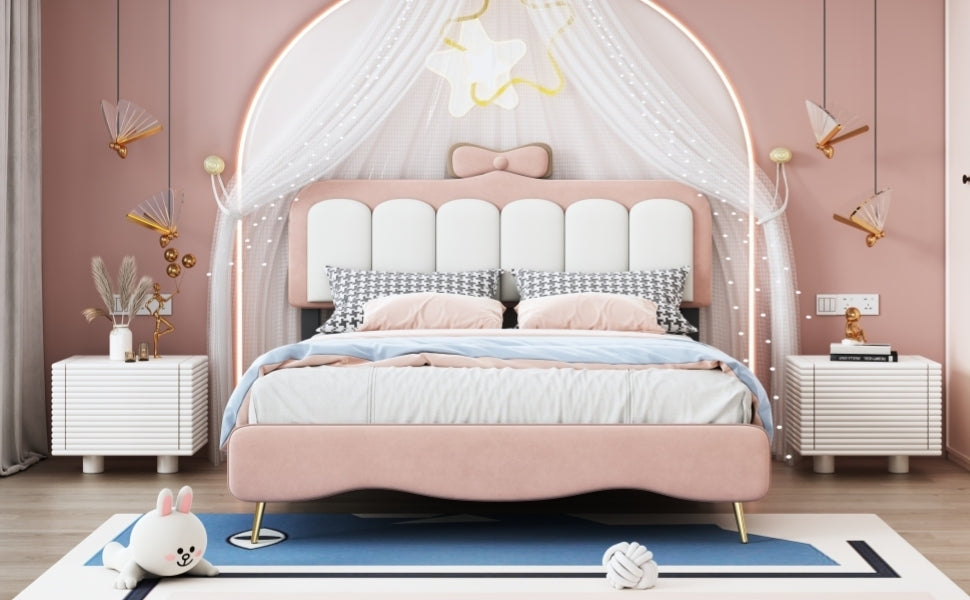 Full size Velvet Princess Bed With bow-knot Headboard,Full Size Platform Bed with Headboard and Footboard,White+Pink