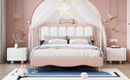 Full size Velvet Princess Bed With bow-knot Headboard,Full Size Platform Bed with Headboard and Footboard,White+Pink