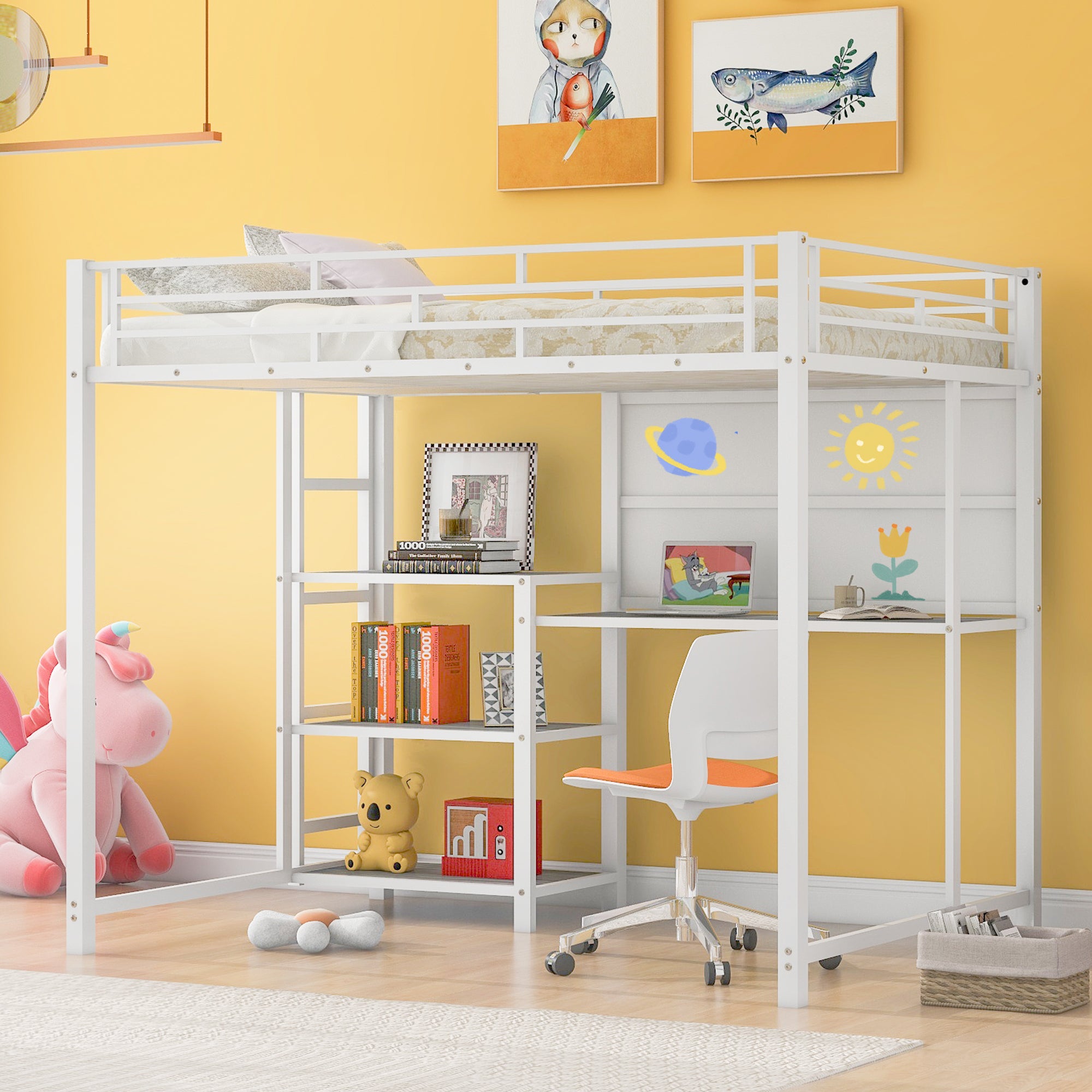 Full Size Loft Bed with Desk and Whiteboard, Metal Loft Bed with 3 Shelves and Ladder, White - Atlantic Fine Furniture Melbourne FL