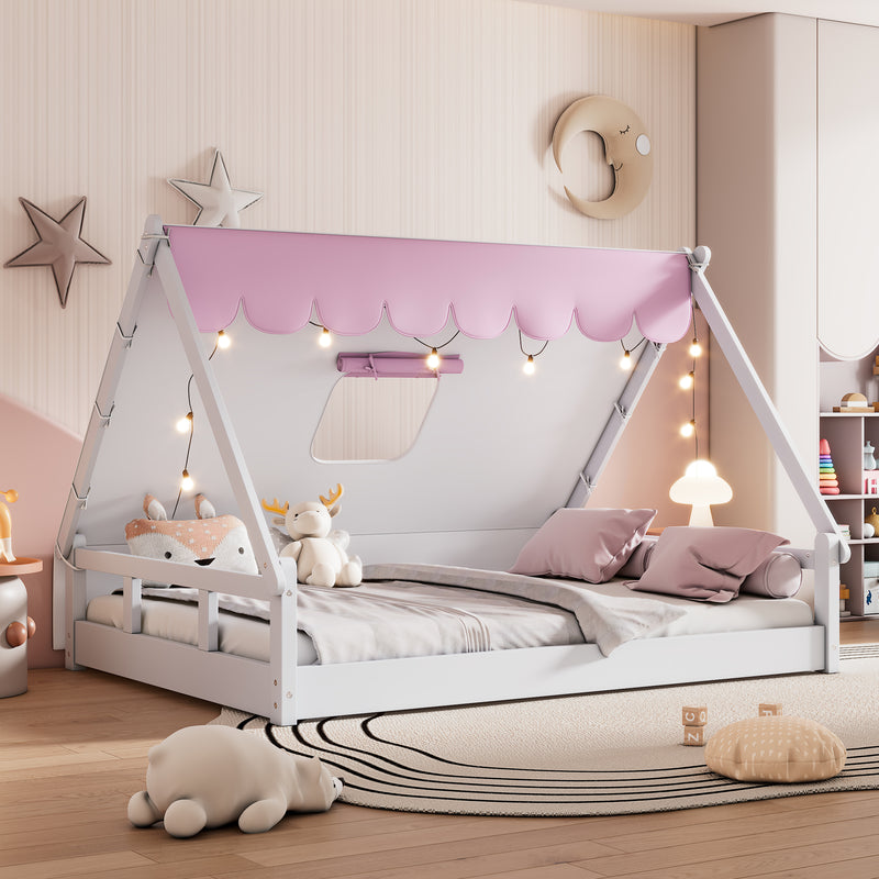 Wooden Full Size Tent Bed with Fabric for Kids Platform Bed with Fence and Roof White Pink Atlantic Fine Furniture Inc