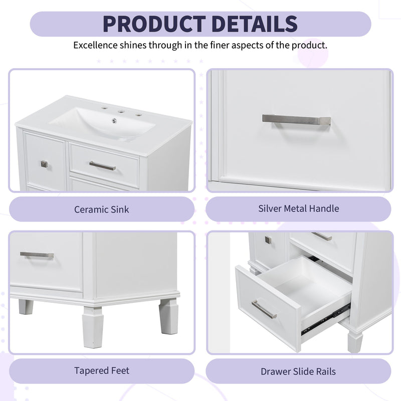 Bathroom Vanity With Ceramic Sink, Flip Out Drawer Design For Plumbing, Soft Close Drawers