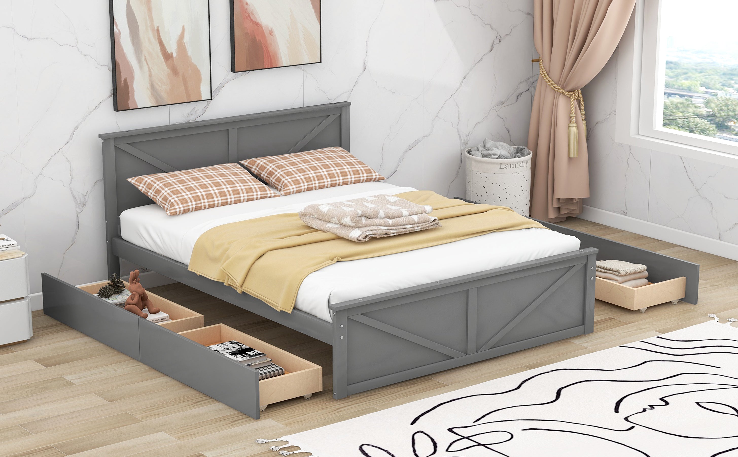 Queen Size Wooden Platform Bed with Four Storage Drawers and Support Legs, Gray - Atlantic Fine Furniture Melbourne FL