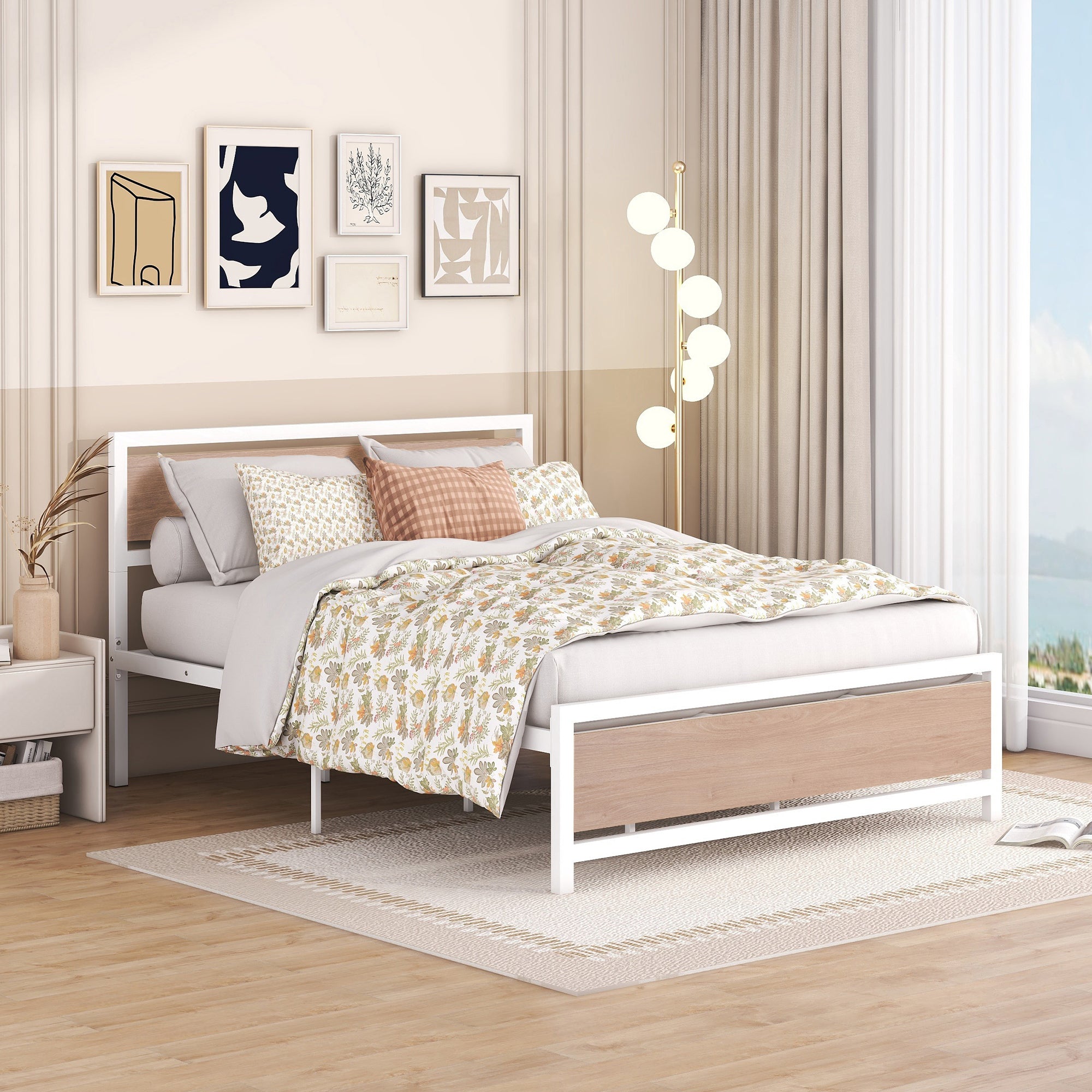 Queen Size Platform Bed, Metal and Wood Bed Frame with Headboard and Footboard , White - Atlantic Fine Furniture Melbourne FL