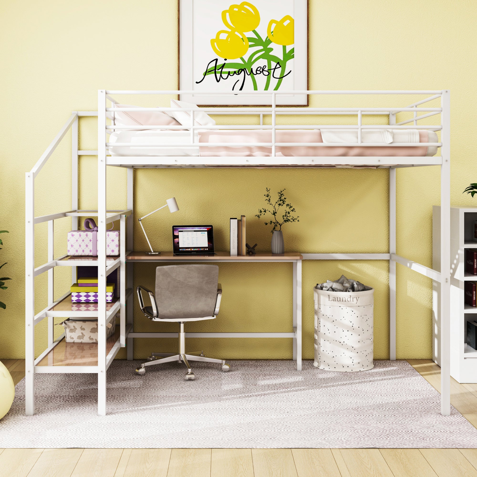 Full Size Metal Loft Bed with Desk and Lateral Storage Ladder, White - Atlantic Fine Furniture Melbourne FL