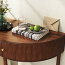 Boho Rattan Semi Circle End Table With Sliding Rattan Door, Storage And Bottom Shelf