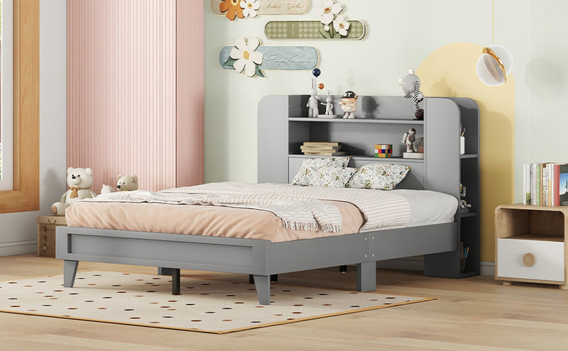Full Size Platform Bed with Storage Headboard,Multiple Storage Shelves on Both Sides,Grey