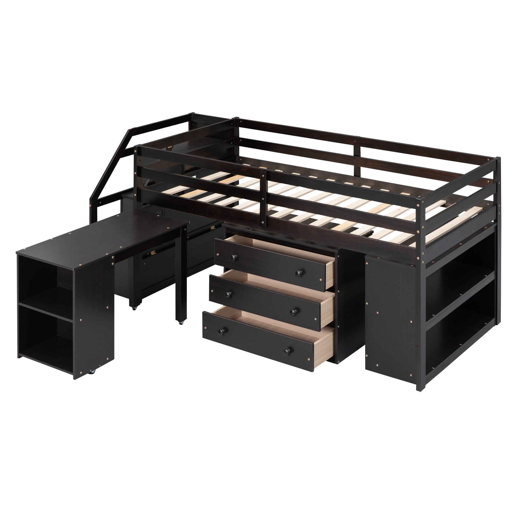 Twin Size Loft Bed with Retractable Writing Desk and 3 Drawers, Wooden Loft Bed with Storage Stairs and Shelves, Espresso - Atlantic Fine Furniture Melbourne FL
