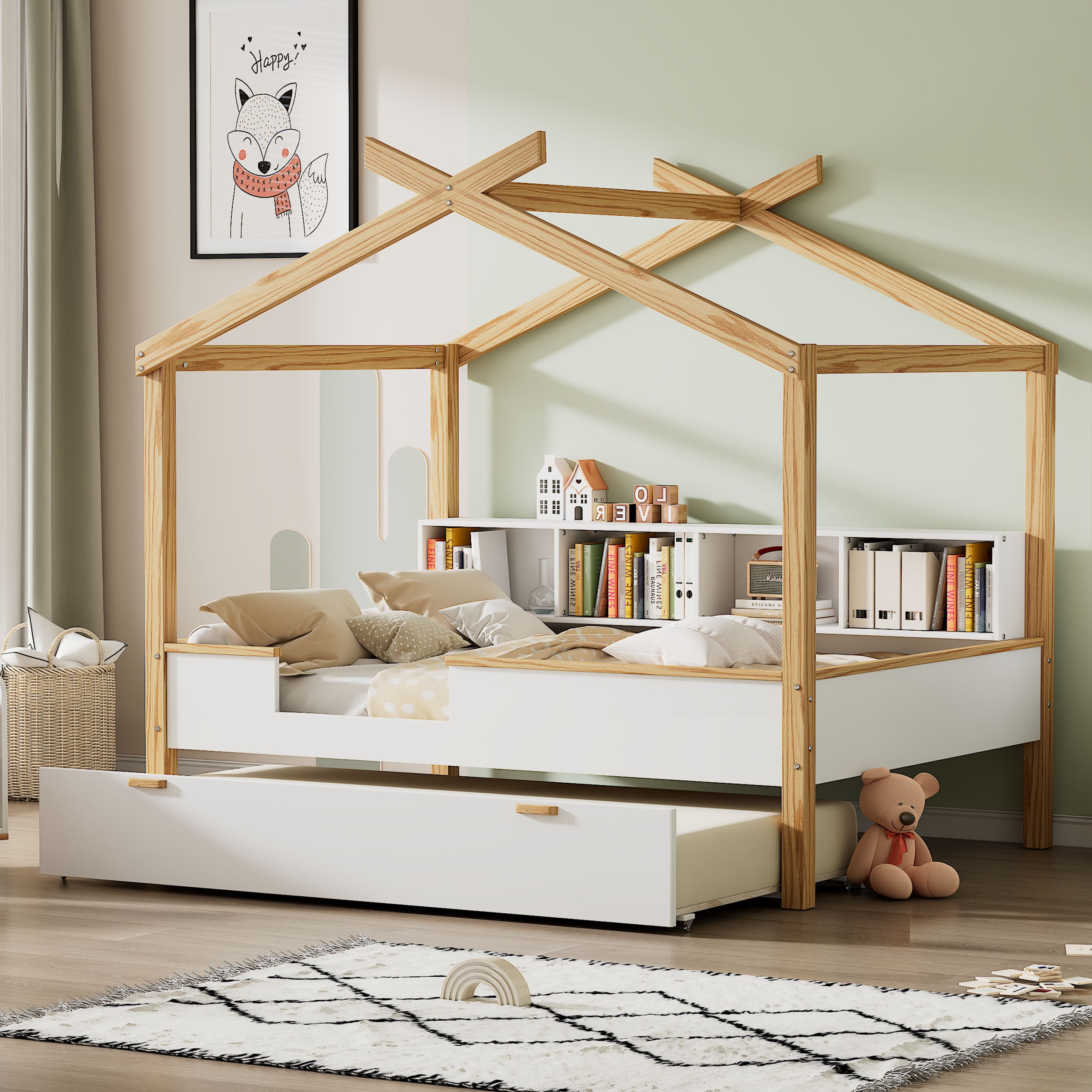 White Full Size Wooden House Bed with Original Wood Colored Frame Twin Size Trundle and Bookshelf Storage Space for Children or Guest Room - Atlantic Fine Furniture Melbourne FL