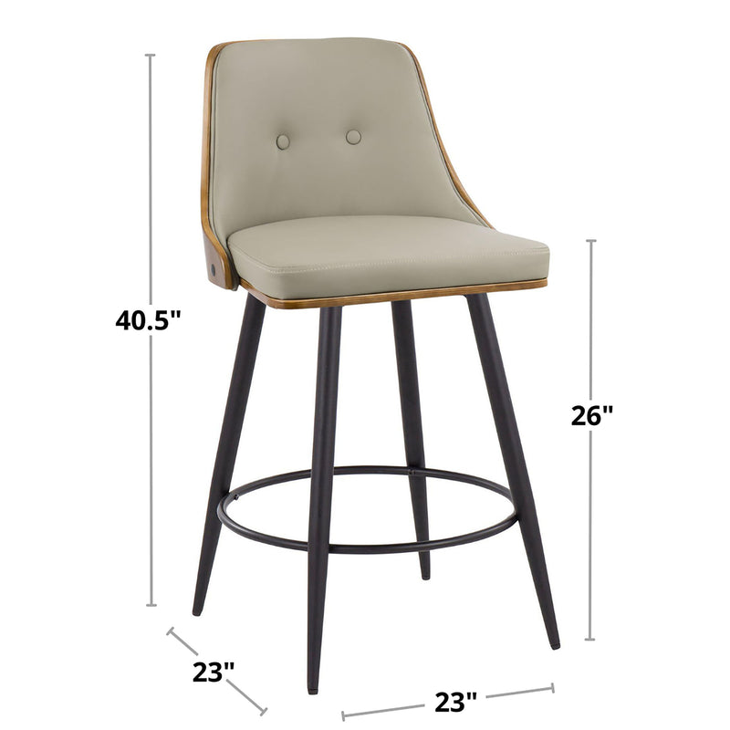 Gianna - Mid-Century Modern Fixed Height Counter Stool With Swivel With Square Footrest (Set of 2) - Matte Black / Walnut / Light Gray