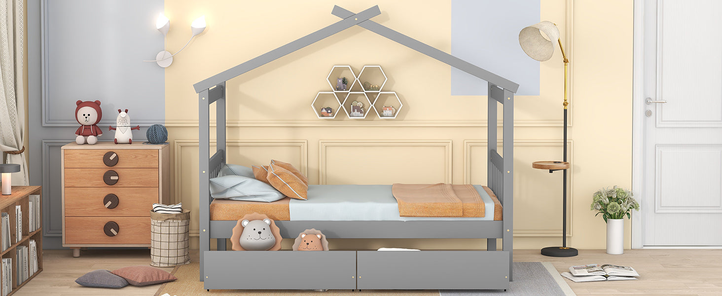 Twin Size Wooden House Bed with Drawers, Gray - Atlantic Fine Furniture Melbourne FL