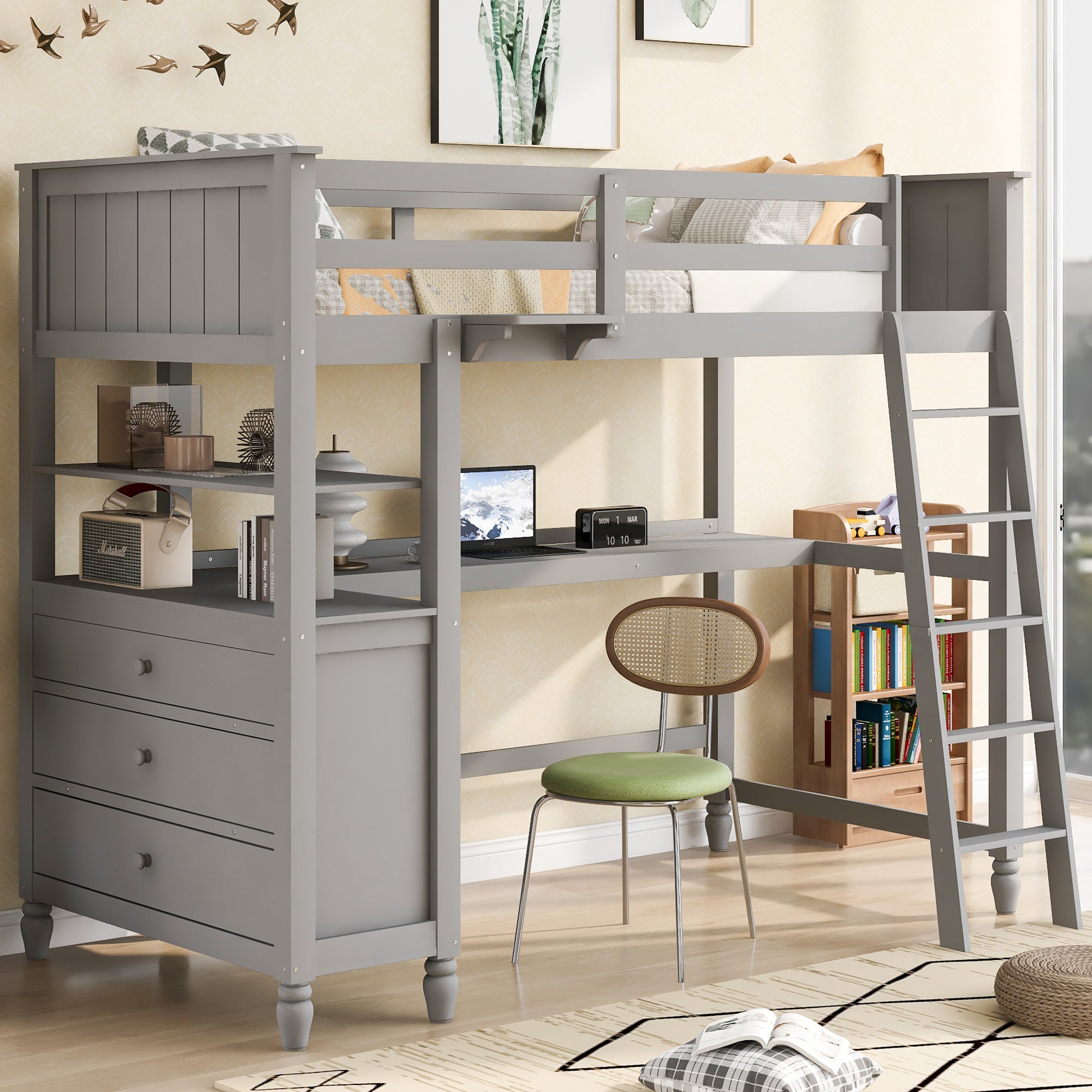 Twin size Loft Bed with Drawers and Desk, Wooden Loft Bed with Shelves - Gray(OLD SKU: LT001530AAE) - Atlantic Fine Furniture Melbourne FL