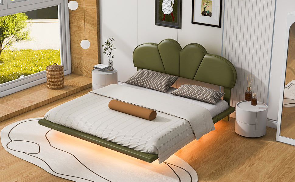 Full Size Upholstery LED Floating Bed with PU Leather Headboard and Support Legs,Green - Atlantic Fine Furniture Melbourne FL