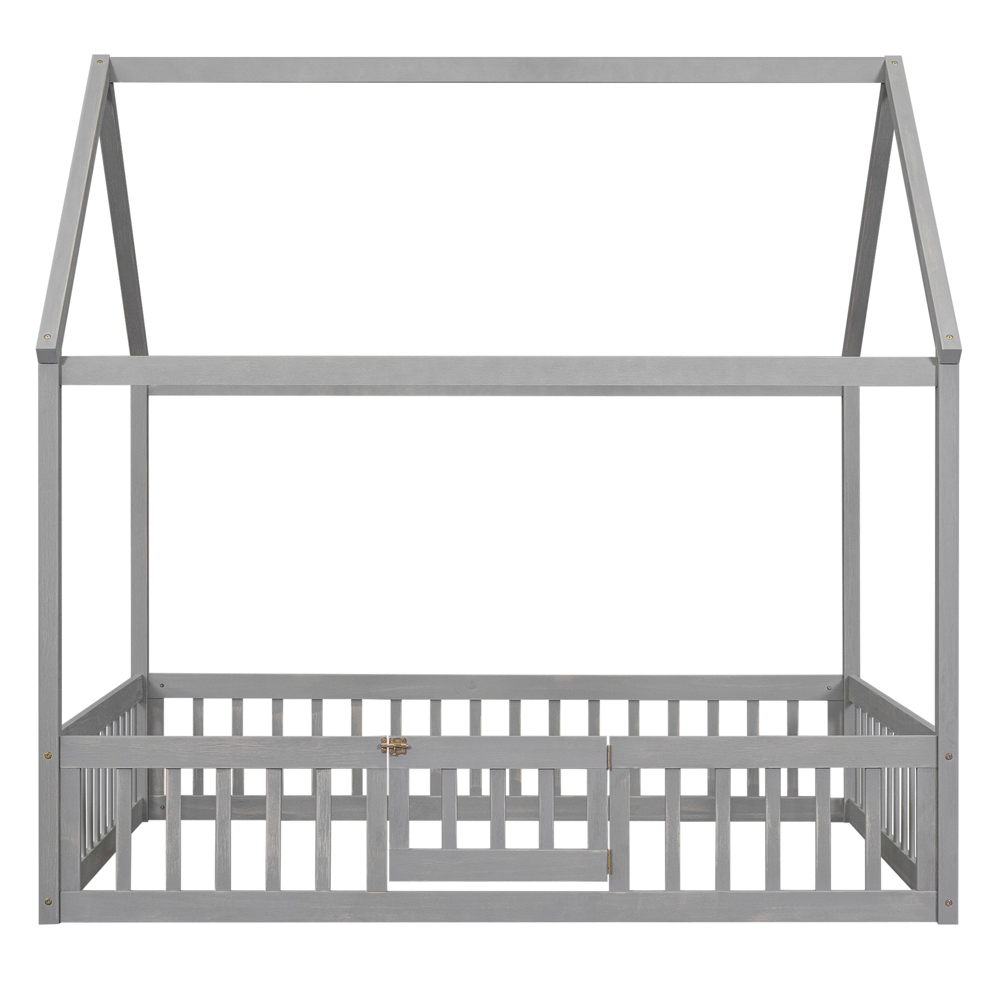 Full Size Wood House Bed with Fence and Door, Gray Wash - Atlantic Fine Furniture Melbourne FL