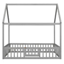 Full Size Wood House Bed with Fence and Door, Gray Wash