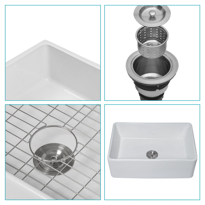 Sink 30" Apron Front Reversible Single Bowl Kitchen Sink & Grid And Strainer - White