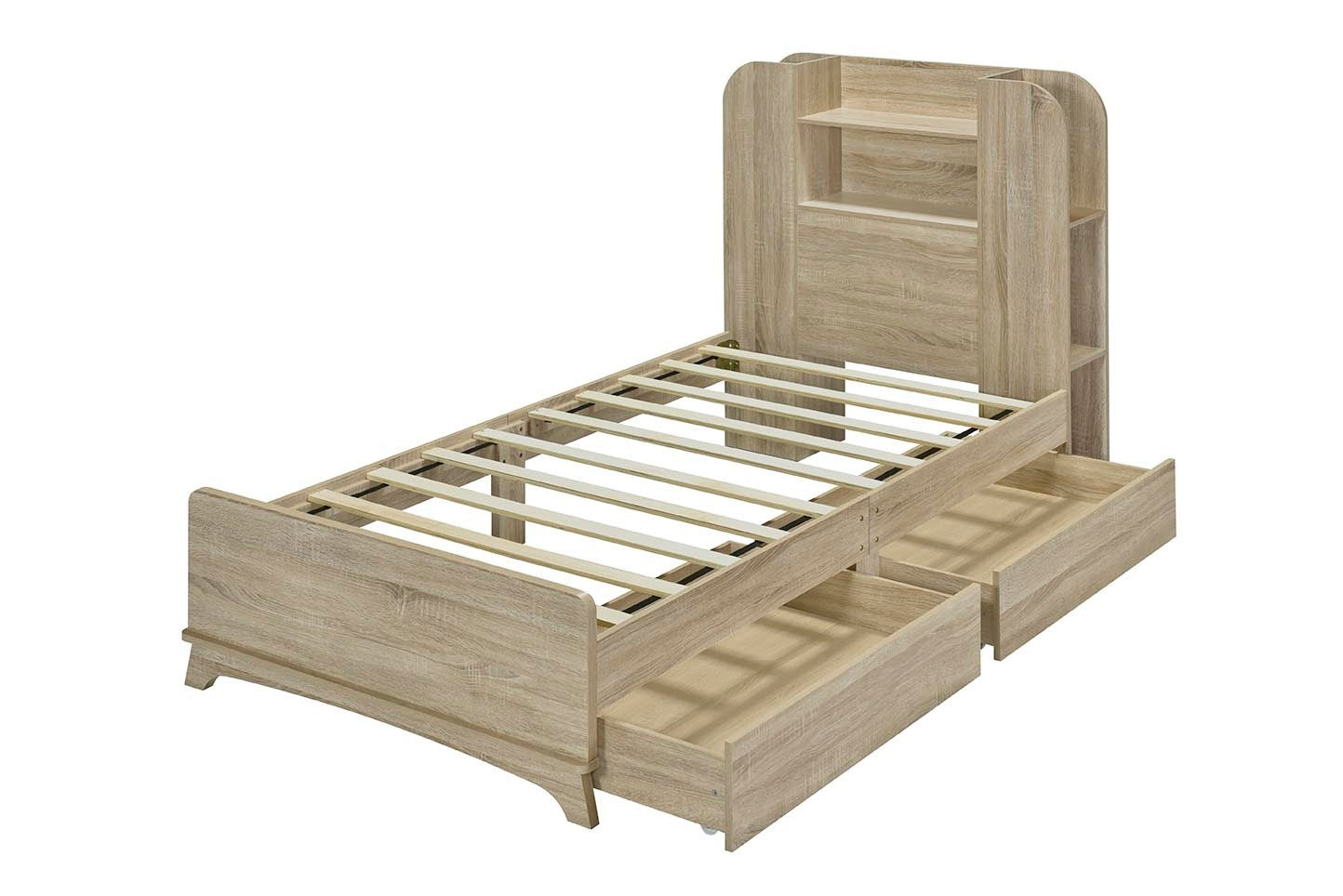 Twin Size Storage Platform Bed Frame with with Two Drawers and Light Strip Design in Headboard,Natural - Atlantic Fine Furniture Melbourne FL