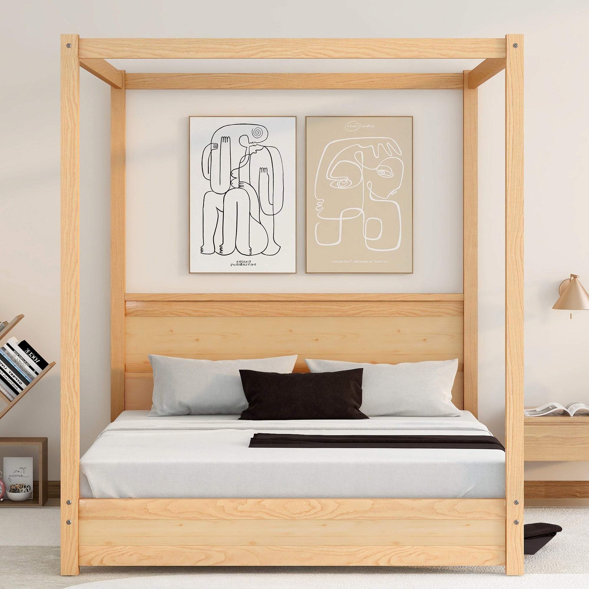 Queen Size Canopy Platform Bed with Headboard and Support Legs,Natural - Atlantic Fine Furniture Melbourne FL