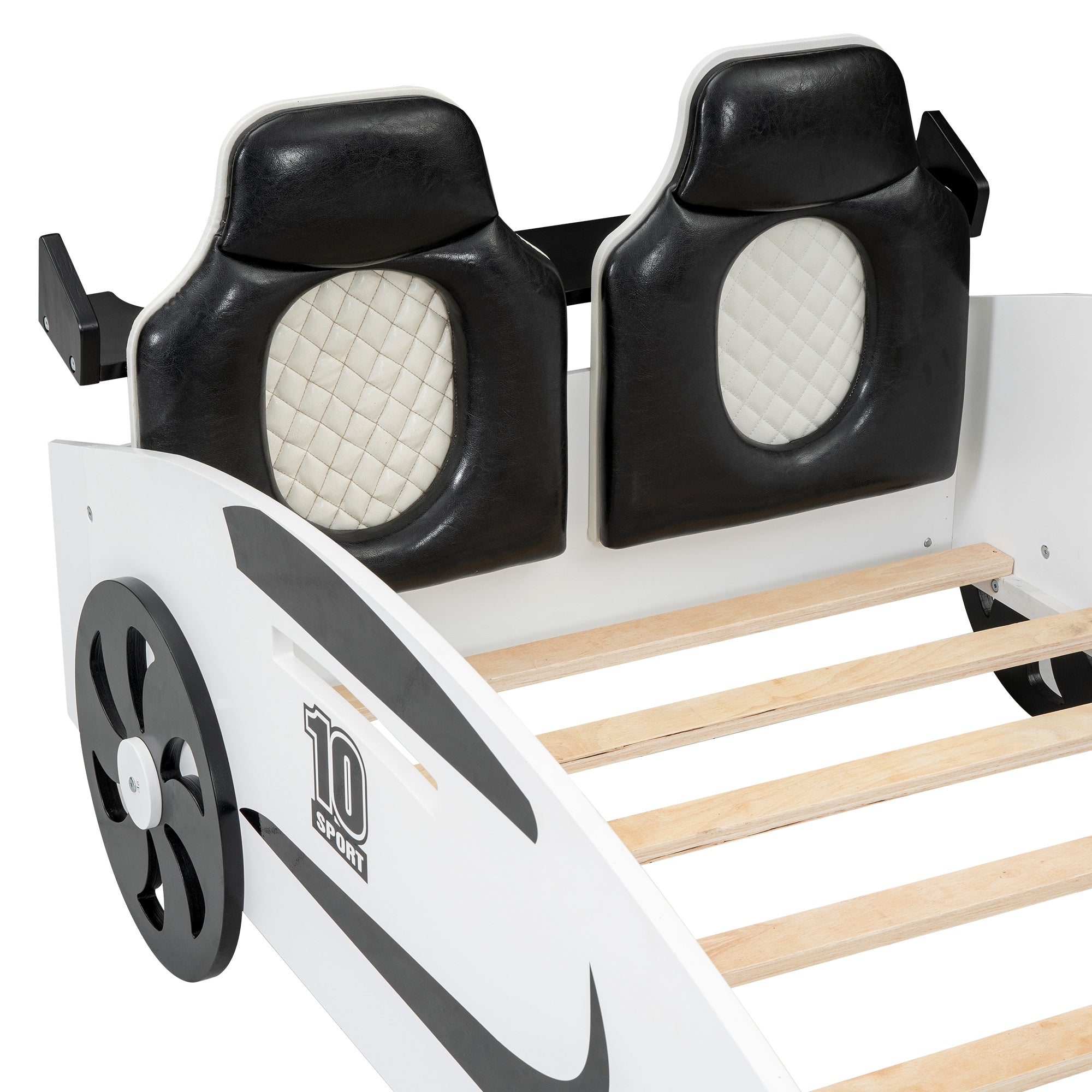 Twin Size Race Car-Shaped Platform Bed with Upholstered Backrest and Storage, White - Atlantic Fine Furniture Melbourne FL