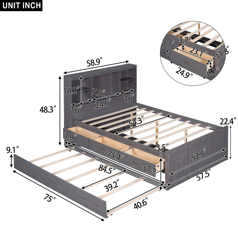 Full Size Platform Bed with Storage Headboard, Charging Station, Twin Size Trundle and 3 Drawers, Antique Brown