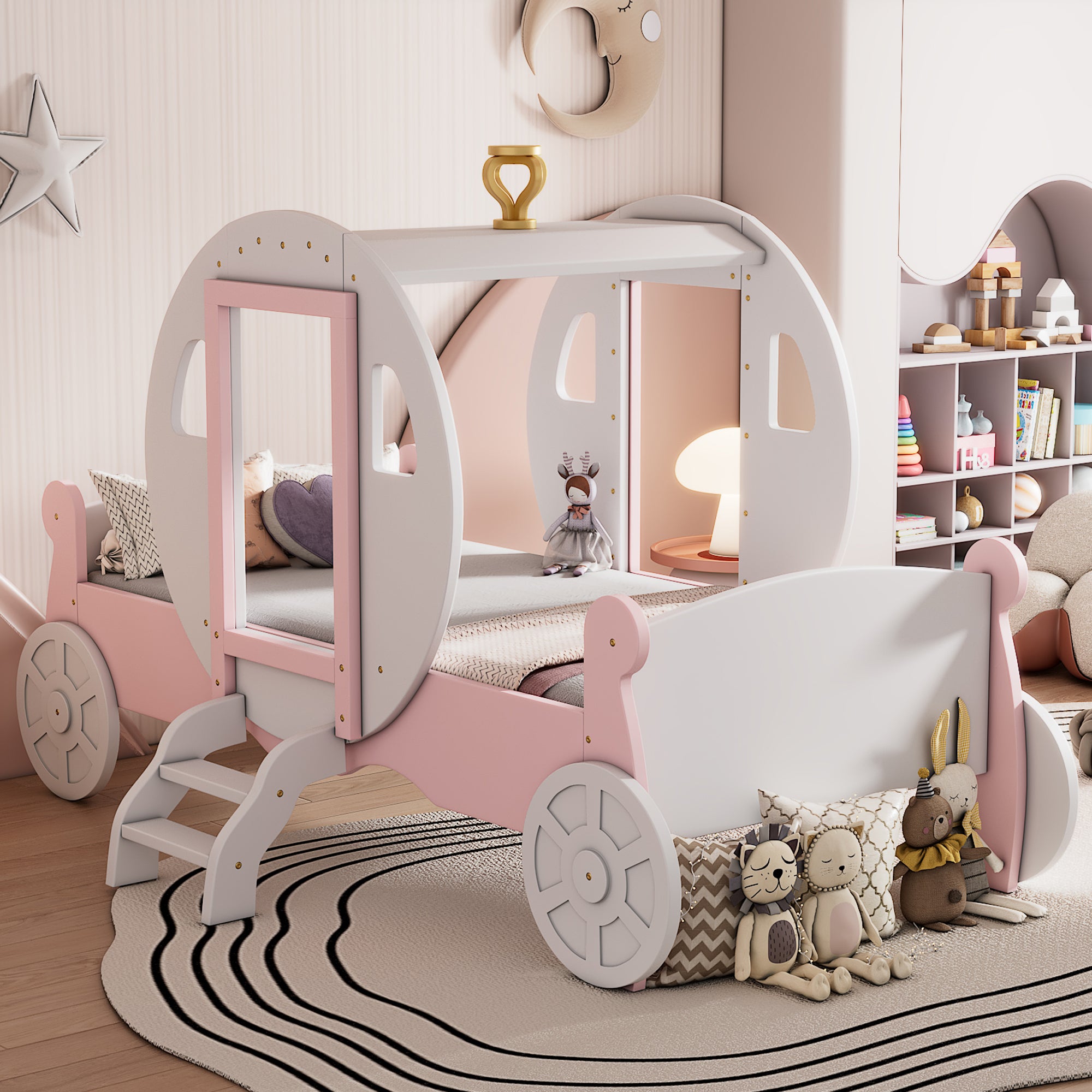 Twin size Princess Carriage Bed with Crown ,Wood Platform Car Bed with Stair,White+Pink - Atlantic Fine Furniture Melbourne FL