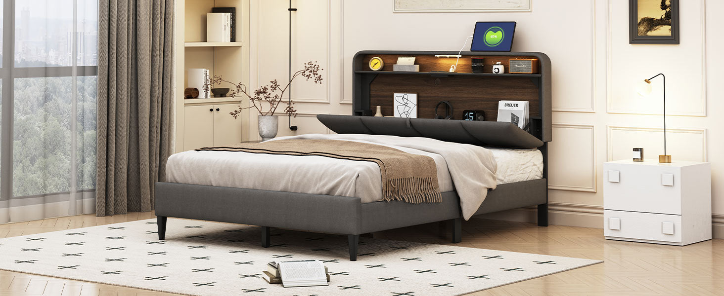 Full size Upholstered Platform Bed with Storage Headboard, Sensor Light and a set of Sockets and USB Ports, Linen Fabric, Gray - Atlantic Fine Furniture Melbourne FL