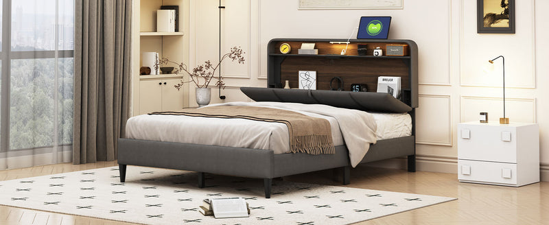Full size Upholstered Platform Bed with Storage Headboard, Sensor Light and a set of Sockets and USB Ports, Linen Fabric, Gray