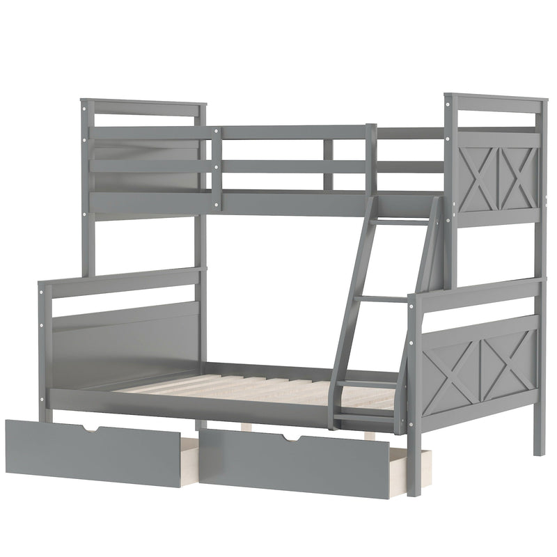 Twin Over Full Bunk Bed With Ladder, Two Storage Drawers, Safety Guardrail