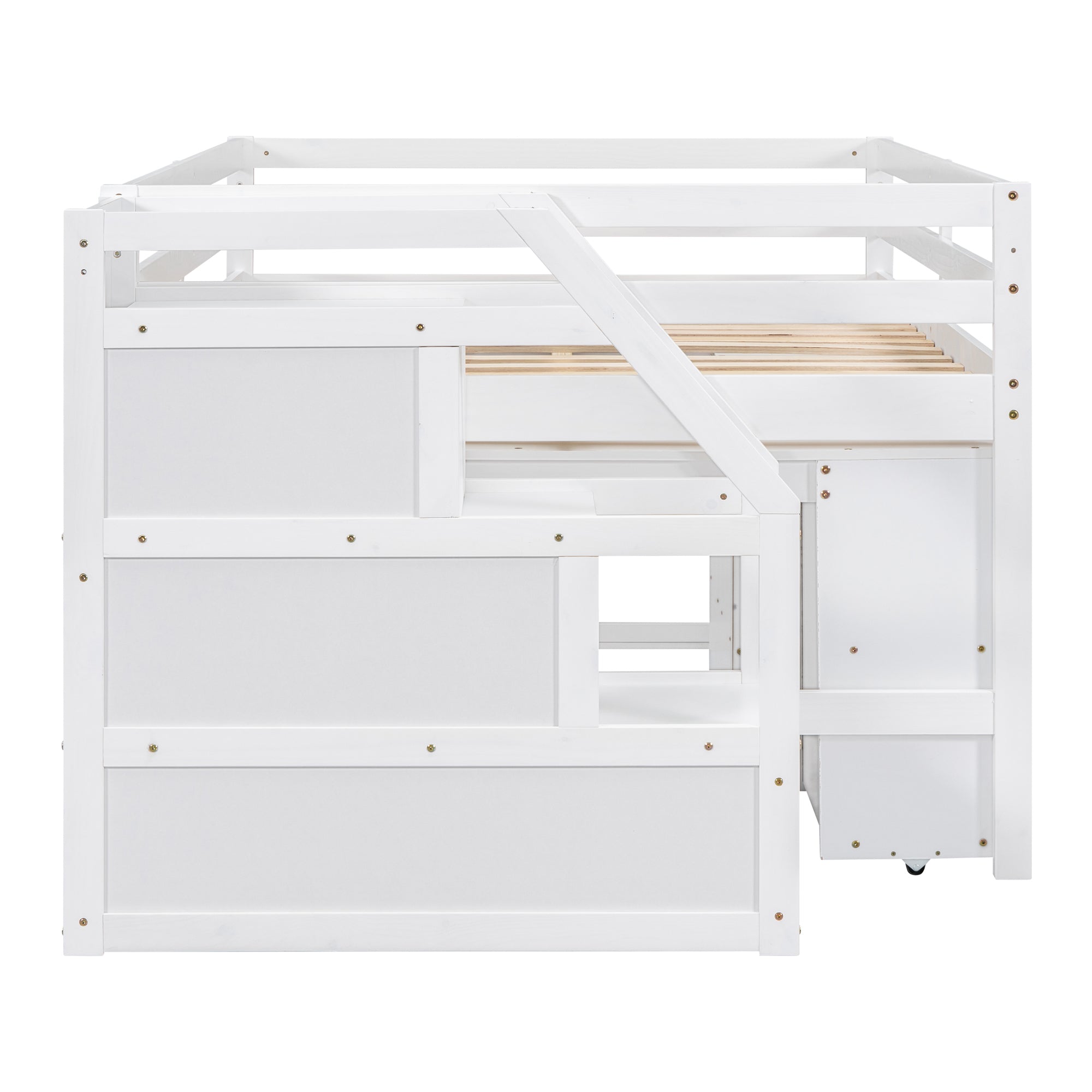 Full Size Loft Bed with Retractable Writing Desk and 3 Drawers, Wooden Loft Bed with Storage Stairs and Shelves, White - Atlantic Fine Furniture Melbourne FL