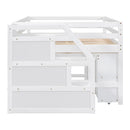 Full Size Loft Bed with Retractable Writing Desk and 3 Drawers, Wooden Loft Bed with Storage Stairs and Shelves, White