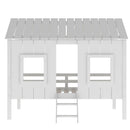 Twin Size Low Loft House Bed With Roof And 2 Front Windows - White